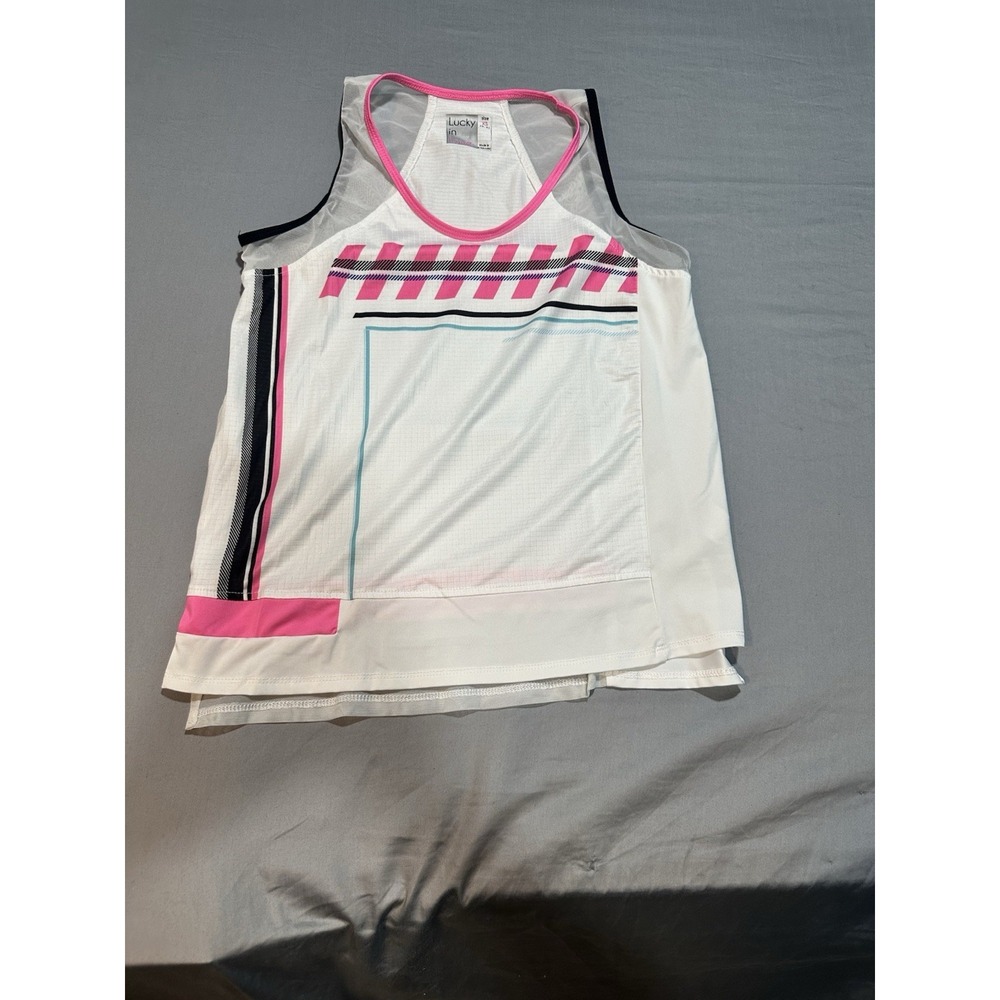 Lucky In Love Hit The Line White/Pink/Black Sleeveless Tank XS